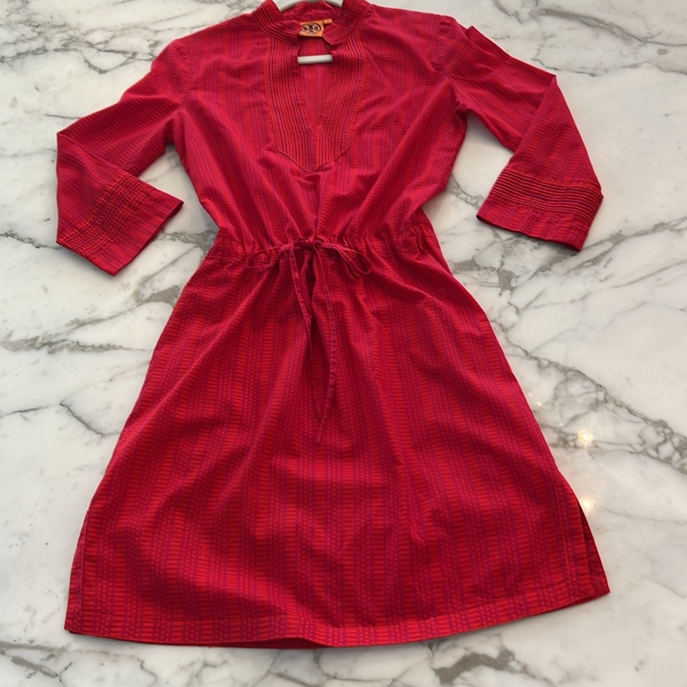 Tory Burch draw string orange pink red dress batik details sz 4 like new